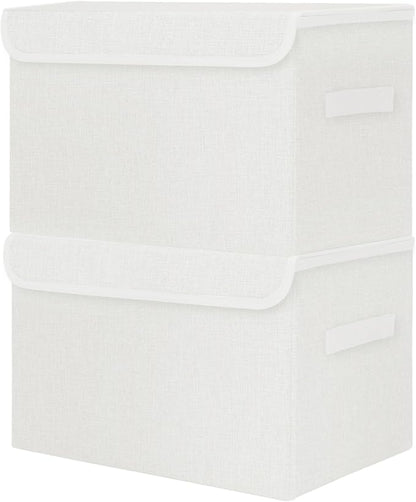 Large 42 Quarts Fabric Storage Bins with Lids [2-Pack] Linen Collapsible Foldable Storage Cubes, Closet Organizer Containers boxes with Handles for Home Office (16.7 x 12 x 12, White)