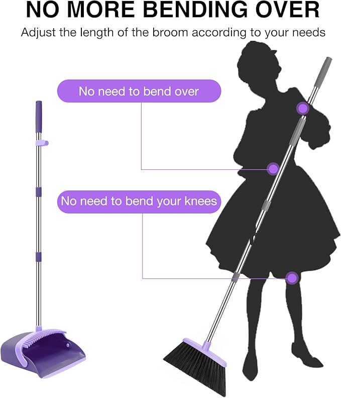 NACENA Broom and Dustpan Set, 52-in Long Adjustable Handle Broom Dustpan Combo with Dust pan Teeth to Automatically Clean Hair Suitable for Home Kitchen Office Hall Floor (Purple), 2 Pack