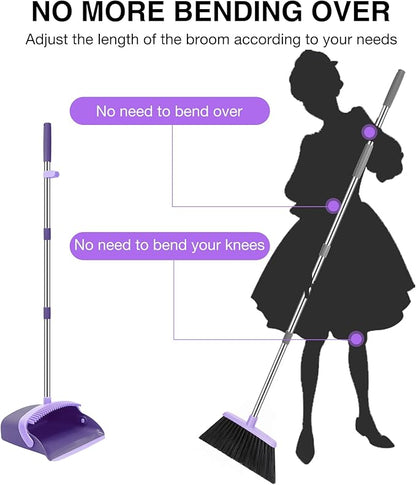 NACENA Broom and Dustpan Set, 52-in Long Adjustable Handle Broom Dustpan Combo with Dust pan Teeth to Automatically Clean Hair Suitable for Home Kitchen Office Hall Floor (Purple), 2 Pack