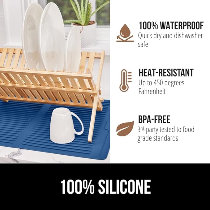 GORILLA GRIP 100% BPA-Free Patented Silicone Dish Drying Mat for Kitchen Counter, 18x24 Inch, Water Catching Ribbed Design, Easy Clean Waterproof Sink Liner, Heat Resistant, Fits Under Rack, Blue