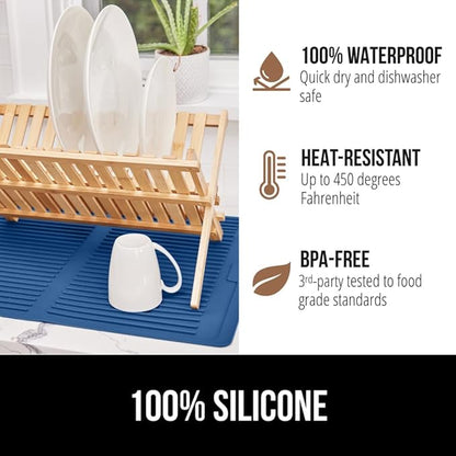 GORILLA GRIP 100% BPA-Free Patented Silicone Dish Drying Mat for Kitchen Counter, Water Catching Ribbed Design, Easy Clean Waterproof Sink Liner, Heat Resistant, Fits Under Rack, 11x13 Inch, Blue