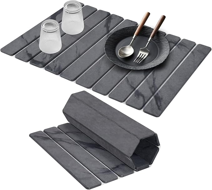 Stone Dish Drying Mats for Kitchen Counter, 24"(L)×16"(W) Marble-Pattern Dish Drying Mat, Eco-Friendly Absorbent Diatomaceous Earth Mats for Dishes Bottles Cups, Match Any Countertop【 Dark Grey】