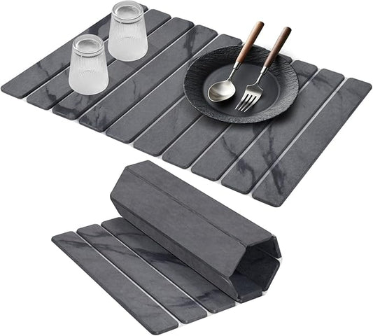 Stone Dish Drying Mats for Kitchen Counter, 24"(L)×16"(W) Marble-Pattern Dish Drying Mat, Eco-Friendly Absorbent Diatomaceous Earth Mats for Dishes Bottles Cups, Match Any Countertop【 Dark Grey】