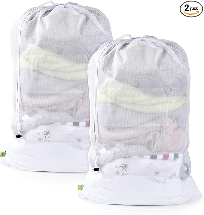 OTraki 2 Pcs Large Mesh Laundry Bags 24X36 Inch Heavy Duty Drawstring Laundry Wash Bag,Laundry Hamper Liner Machine Washable Storage Bag for Travel Hotel Beach Don't Drying, Melting 140-176℉ White