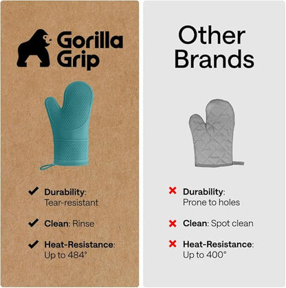 GORILLA GRIP BPA-Free Soft Silicone Oven Mitts, Heat Resistant and Waterproof Cooking Gloves, Thick Cotton Lining, Flexible Gripping for Baking Grilling, Kitchen Potholders Set, 12.5x8.3, Turquoise