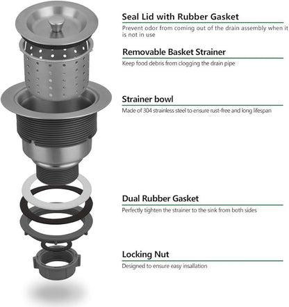 Serene Valley 3-1/2-inch Kitchen Sink Strainer Assembly, 304 Premium Stainless Steel Construction with Removable Deep Waste Basket and Sealing Lid