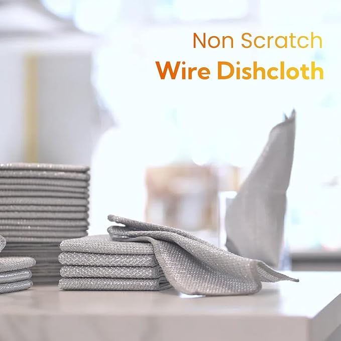 Multipurpose Wire Dishwashing Rags - 5Pcs Non Scratch Wire Dishcloths | Double Layered Microfiber Cleaning Cloths | Reusable Steel Metal Wire Cloth Mesh Miracle Cleaning Cloths for Home and Kitchen