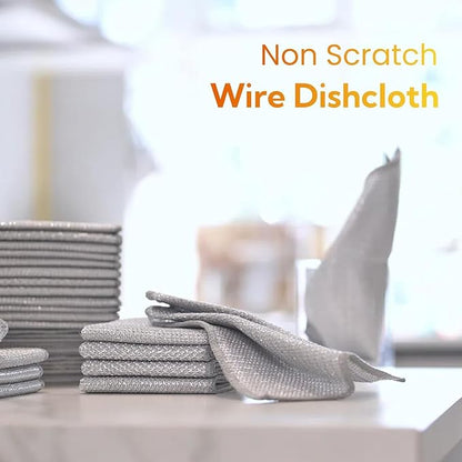 Multipurpose Wire Dishwashing Rags - 5Pcs Non Scratch Wire Dishcloths | Double Layered Microfiber Cleaning Cloths | Reusable Steel Metal Wire Cloth Mesh Miracle Cleaning Cloths for Home and Kitchen