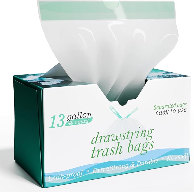 13 Gallon Tall Kitchen Drawstring Trash Bags - 1.2 Mil Extra Strong - Large Drawstring Garbage Bags - Large Plastic Bags - Individual, Unscented, White, 25" x 30", 40 Count