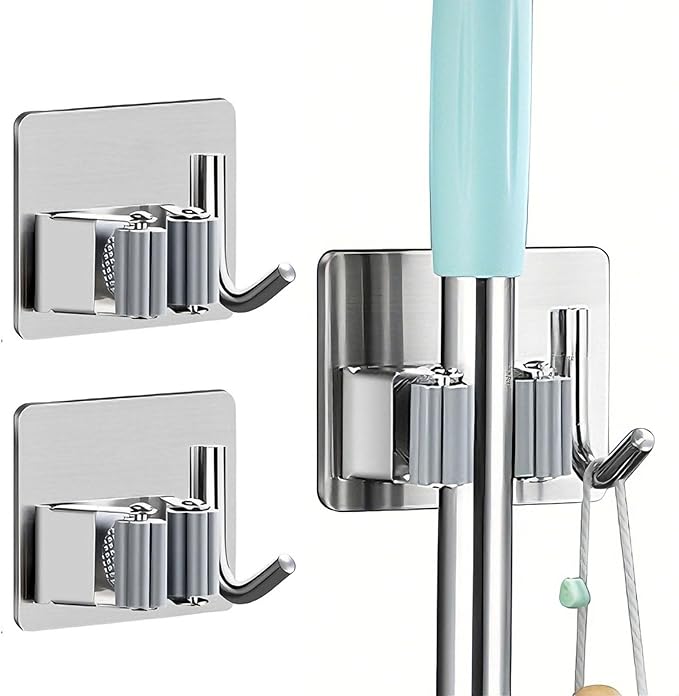 Broom Holder Wall Mount Hanger Holder Wall Mount,2 Pack Mop and Broom Hooks Stainless Steel Self Adhesive