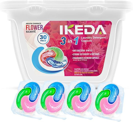Laundry Detergent Pods, 30pcs Liquid Soap Pacs 3-in-1 Powerful Clean Remover, Fabric Softener & Scent Booster, Long Lasting Fresh Nature Scent for Hand Washing or Machine (Flower)