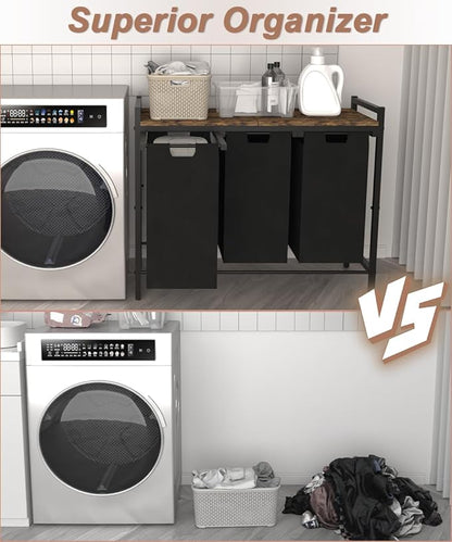 10 x 3 Gal Large Laundry Hamper with 3 Pull-Out & Removable Sorter Bags, Freestanding Clothes Basket Organizer for Clothing or Toys in Bathroom and Living Room, Rustic Brown and Black
