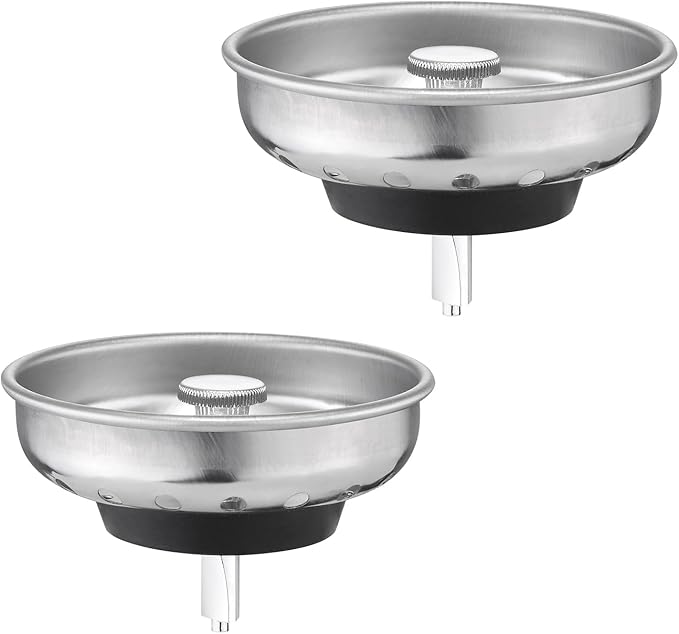 2 Pack Kitchen Sink Strainer and Stopper Combo - Stainless Steel Basket with Plastic Knob and Rubber Stopper Bottom, Fits Standard 3-1/2 Inch Drains