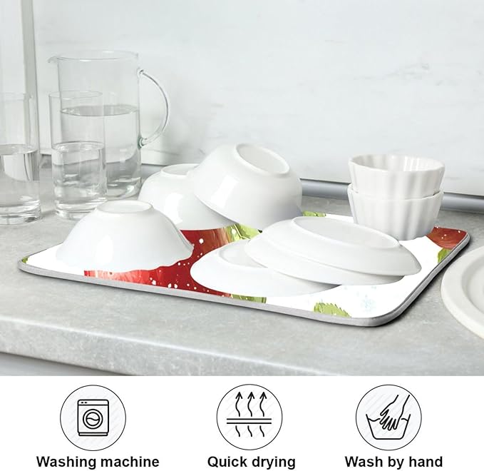 Snowflake with Apple Pattern Dish Drying Mat for Kitchen Counter Super Absorbent Drying Mat 16x18 inch Large Dish Drying Matts for Countertop Protector Dishes Pad