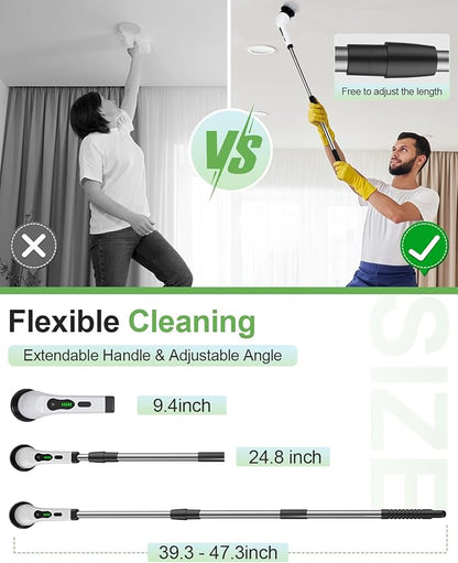 Electric Spin Scrubber, Cordless Cleaning Brush, Shower Scrubber IPX7 Waterproof Bathroom Scrubber, Adjustable Extension Handle, Floor Polishers 7 Heads 2H Power Dual Speed for Floor Car Cleaning.