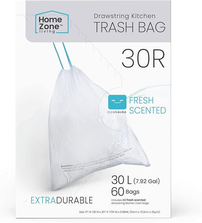 Home Zone Living 8 Gallon Kitchen Trash Bags with Drawstring Handles, Heavy Duty Custom Fit Design for 30 Liter Dual Recycling Liners, Code 30R, 60-Count (Pack of 8)