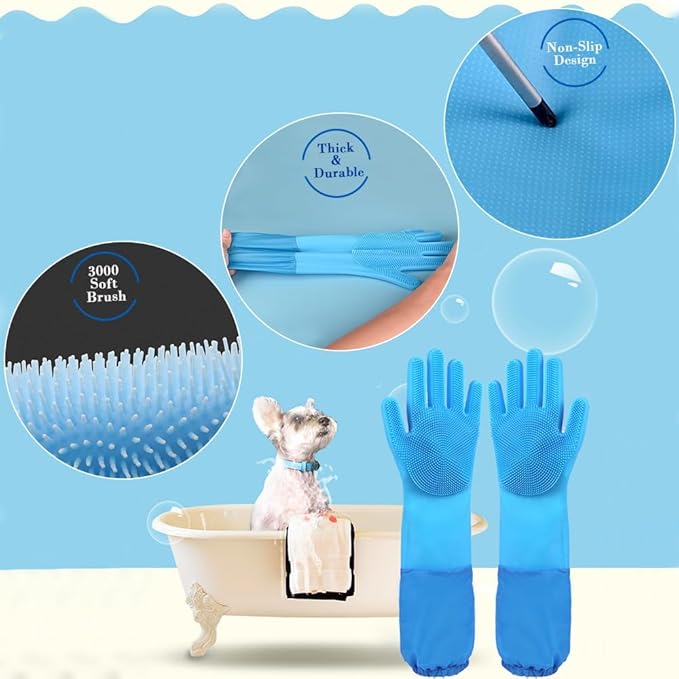 Pet Grooming Gloves Pet Hair Remover Cat, Dog Washing Gloves Silicone Heat Resistant Cleaning Gloves with High-Density Teeth Grooming Gloves for Dogs, Cats, Horses (2 Pairs - Blue & Gray)