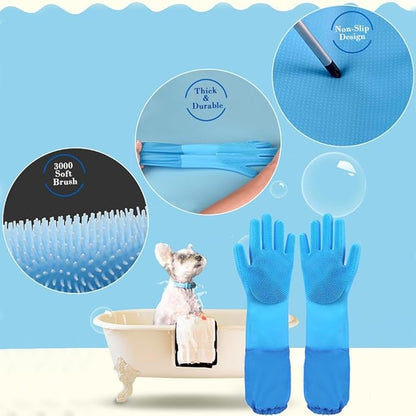 Pet Grooming Gloves Pet Hair Remover Cat, Dog Washing Gloves Silicone Heat Resistant Cleaning Gloves with High-Density Teeth Grooming Gloves for Dogs, Cats, Horses (2 Pairs - Blue & Gray)