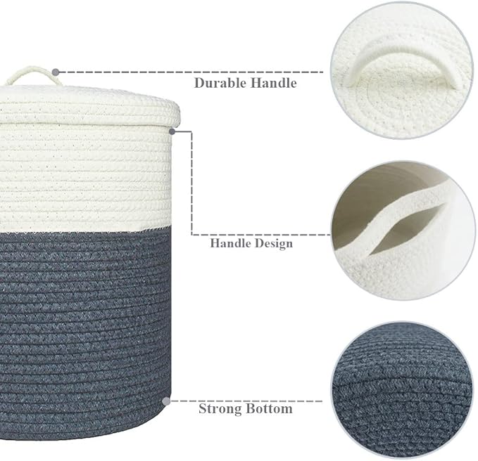 Yimi's Dream Storage Basket with Lid, Small Lidded Cotton Rope Storage Bins for Organizing, Cute Woven Round Covered Laundry Baskets (White & Grey, 12D x 13.5H Inches)