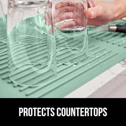 GORILLA GRIP 100% BPA-Free Patented Silicone Dish Drying Mat for Kitchen Counter, Water Catching Ribbed Design, Easy Clean Waterproof Sink Liner, Heat Resistant, Fits Under Rack, 12x16 Inch, Mint