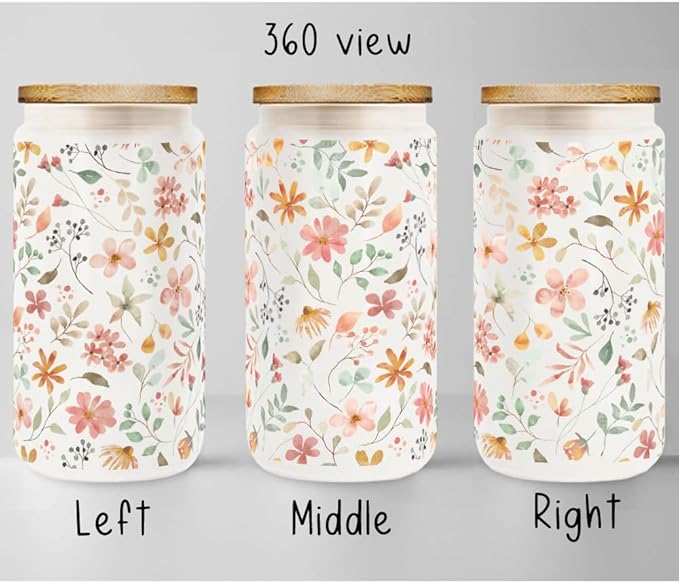 Floral Iced Glass Cups with Bamboo Lids and Straws 16oz Wildflower Coffee Cup Gift for Women Cute Flower Drinking Glass with Cleaning Brushes Gifts for Mother Birthday Bridesmaid Party