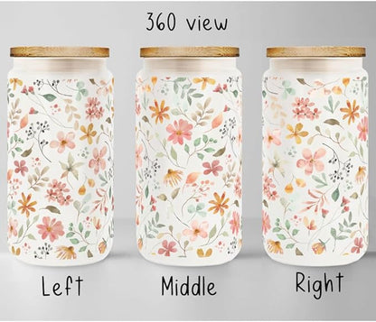 Floral Iced Glass Cups with Bamboo Lids and Straws 16oz Wildflower Coffee Cup Gift for Women Cute Flower Drinking Glass with Cleaning Brushes Gifts for Mother Birthday Bridesmaid Party