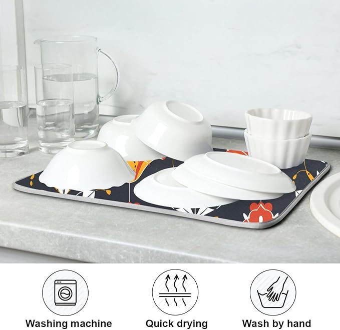 Floral Pattern Traditional Folk Art Dish Drying Mat for Kitchen Counter Absorbent Microfiber Drying Pad, Medium 16x18 in, Reversible Drainer Mats
