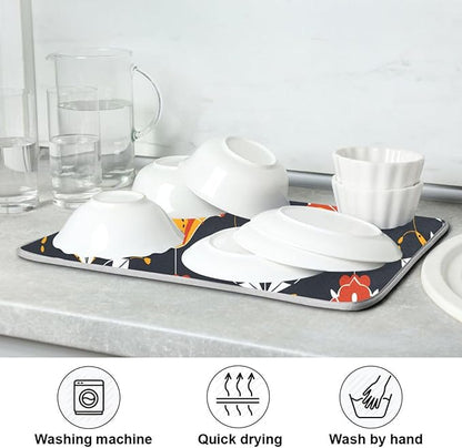 Floral Pattern Traditional Folk Art Dish Drying Mat for Kitchen Counter Absorbent Microfiber Drying Pad, Medium 16x18 in, Reversible Drainer Mats