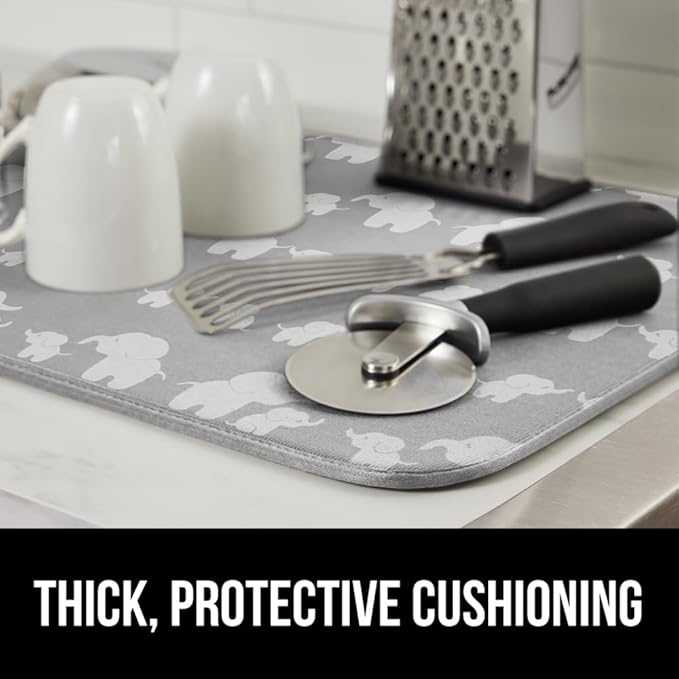GORILLA GRIP Ultra Water Absorbent Microfiber Dish Drying Mat, 18x24, Quick Dry Mesh, Slip Resistant Pad for Sink Dishes or Under Rack, Kitchen Counter Accessories, Machine Wash, 2 Pack Elephants