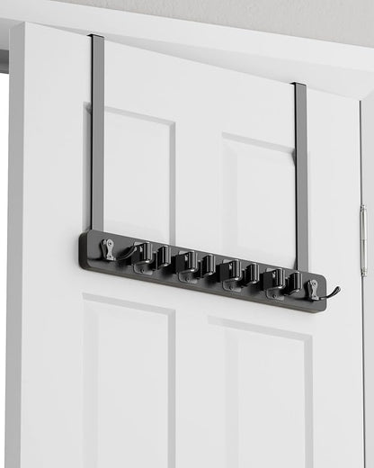 BS-VOG Over the Door Broom Holder, Mop and Broom Holder Door Mount, Hanging Organizer with 4 Racks & 2 Hooks, Wooden Hanger Storage Decor, Laundry Tool Organizer for Closet Garage, No Drills