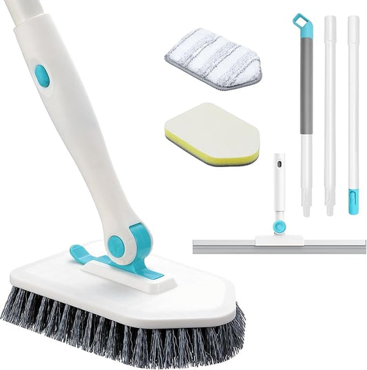 nacena Shower Scrubber with Long Handle, 4 in 1 Tile Tub Scrubber Brush with 3 Detachable Cleaning Shower Heads and Floor Squeegee Shower Cleaner Brush for Bathroom Kitchen Tub Sink Floor, Blue White