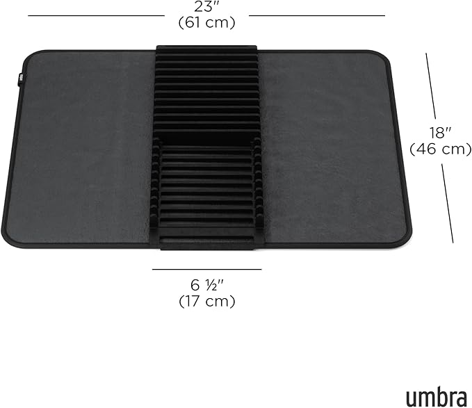 Umbra Udry Dish Rack and Microfiber Drying Mat – Space-Saving Design Folds Up for Easy Storage, Basic Rack, Black
