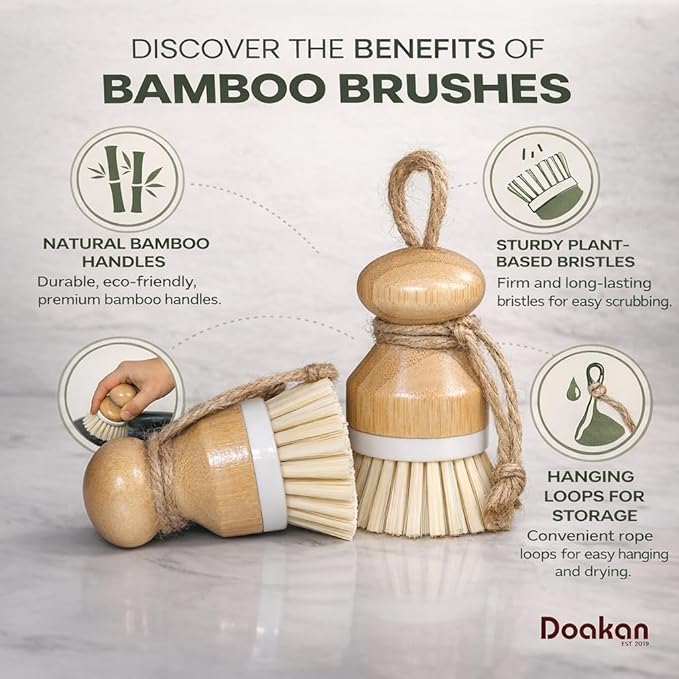 Set of 2 Eco-Friendly Non-Scratch Bamboo Kitchen Cleaning Brushes | Compact Wooden PP Dish Scrubbers with Ergonomic Handles and Hanging Ropes (3.9 x 1.3 inches, 0.21 lbs Each)
