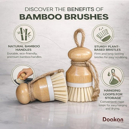 Set of 2 Eco-Friendly Non-Scratch Bamboo Kitchen Cleaning Brushes | Compact Wooden PP Dish Scrubbers with Ergonomic Handles and Hanging Ropes (3.9 x 1.3 inches, 0.21 lbs Each)