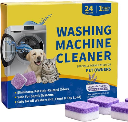 24 Count Washing Machine Cleaner for Pet Hair Relief Tablets - HE-Safe, Septic-Safe, Lavender Scent, 1-Year+ Supply, Pet-Friendly Washer Cleaner for Top/Front Load Washers