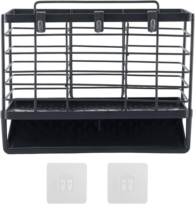 3-Compartment Dish Drying Rack for Kitchen, Carbon Steel Utensil Holder with Drain Tray, Utensil Caddy Organizer for Knives, Forks, Spoons, Chopsticks, Wall Mount or Countertop (Charcoal Grey)