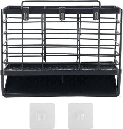 3-Compartment Dish Drying Rack for Kitchen, Carbon Steel Utensil Holder with Drain Tray, Utensil Caddy Organizer for Knives, Forks, Spoons, Chopsticks, Wall Mount or Countertop (Charcoal Grey)