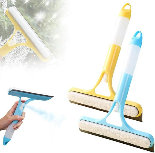 3 in 1 Window Cleaning Scraper, 2025 New Window Squeegee with Spray for Shower Glass All-Purpose Window Cleaner Tool (Yellow+Blue)