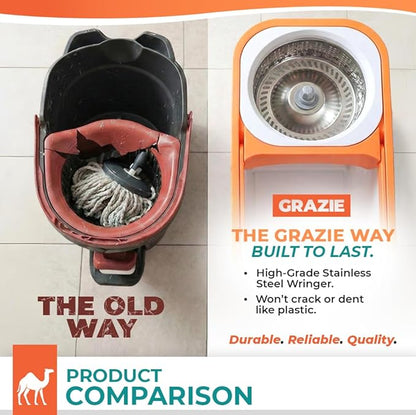 Grazie Spin Mop & Bucket Set - 360° Self-Wringing System, Stainless Steel Handle - Hands-Free Floor Cleaning for Hardwood, Tile, Laminate - Includes 2 Washable Microfiber Mop Head Refills