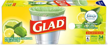 Glad Small Kitchen Drawstring Trash Bags, 4 Gallon, Febreze Sweet Citron & Lime, 34 Count