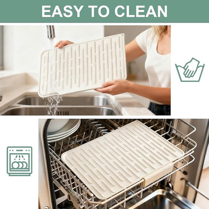 Silicone Kitchen Countertop Dish Drying Mat with Water Collection Tray Non-Slip Pad(Beige)