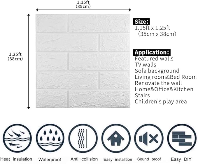 3D Wall Panels Peel and Stick, 14.5 Sq Ft Coverage,Printable Faux Brick Wallpaper Sticker with Self-Adhesive Waterproof Foam for Interior Wall Decor, Bathroom, Home Decoration (10 Pcs) (White)
