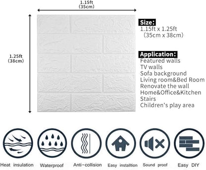 3D Wall Panels Peel and Stick, 14.5 Sq Ft Coverage,Printable Faux Brick Wallpaper Sticker with Self-Adhesive Waterproof Foam for Interior Wall Decor, Bathroom, Home Decoration (10 Pcs) (White)