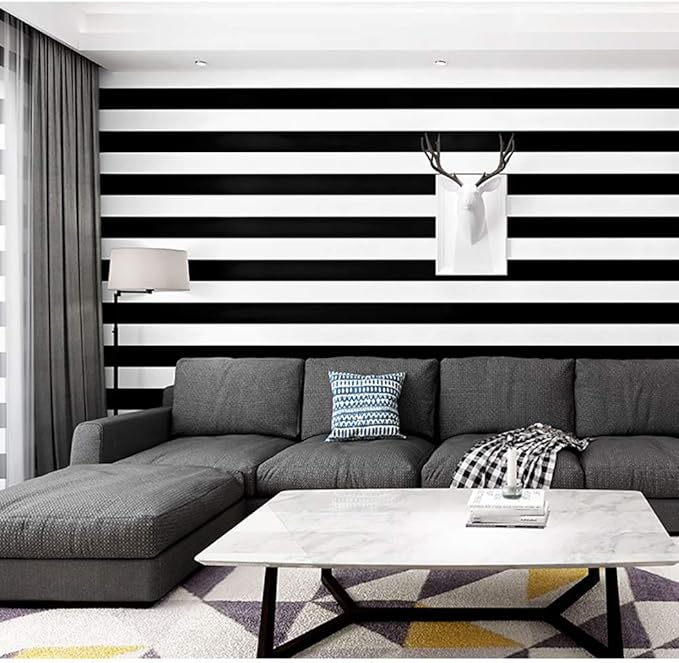 Guvana Striped Peel and Stick Wallpaper Black and White Self-Adhesive Wallpaper 394"x17.7" Removable Contact Paper Waterproof Wall Paper for Livingroom Cabinets Shelves Drawer Liner Decor Vinyl Roll