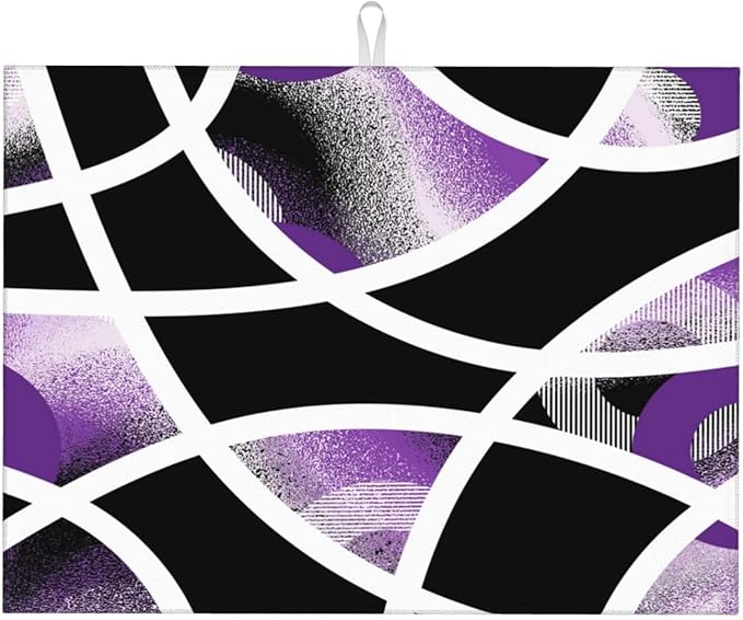 Purple Black White Geometric Abstract Dish Drying Mat for Kitchen Counter & Sink, 18" x 24" Absorbent Microfiber Drying Pad for Dishes, Foldable Modern Art Kitchen Mat for Dishes Small Appliances