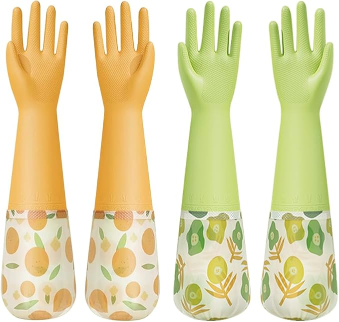 2 Pairs Rubber Dishwashing Cleaning Gloves, Reusable Latex Free Kitchen Dish Gloves with Cotton Lined, Non-Slip Waterproof Household Gloves for Laundry, Working, Gardening (Yellow & Green)