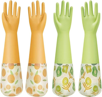 2 Pairs Rubber Dishwashing Cleaning Gloves, Reusable Latex Free Kitchen Dish Gloves with Cotton Lined, Non-Slip Waterproof Household Gloves for Laundry, Working, Gardening (Yellow & Green)