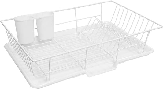 Sweet Home Collection Space-Saving 3-Piece Dish Drainer Rack Set: Efficient Kitchen Organizer for Quick Drying and Storage - Includes Cutlery Holder and Drainboard - Maximize Countertop Space, White