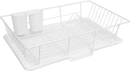 Sweet Home Collection Metal, Plasic 3 Piece Dish Drainer Rack Set with Drying Board and Utensil Holder, 12" x 19" x 5", White