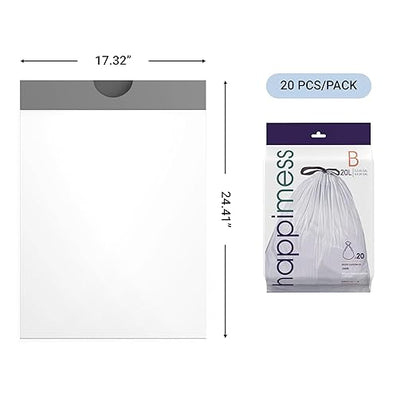 happimess 5.3 Gallon (20L) Drawstring Trash Bags, Unscented, White, Heavy Duty LDPE Liners for Kitchen and Household, Custom Fit 60 Count (3 Packs of 20 Liners) HPM3000B-WHITE